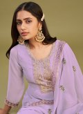 Lavender color Georgette Pant Style Suit with Embroidered - 1