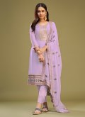 Lavender color Georgette Pant Style Suit with Embroidered - 2