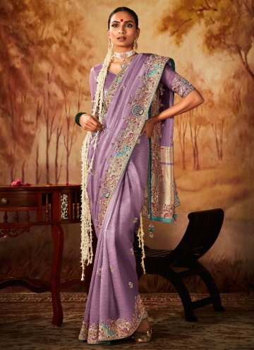 Lavender color Kanjivaram Silk Designer Saree with Embroidered