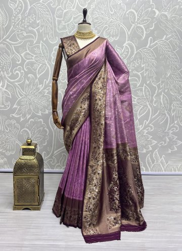 Lavender color Thread Work Kanjivaram Silk Contemporary Saree