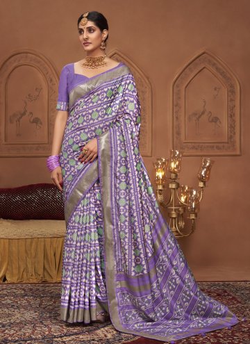 Lavender color Tussar Silk Trendy Saree with Printed