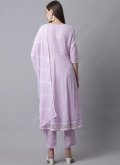 Lavender Cotton  Embroidered Pant Style Suit for Festival - 1