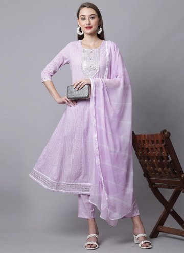 Lavender Cotton  Embroidered Pant Style Suit for F