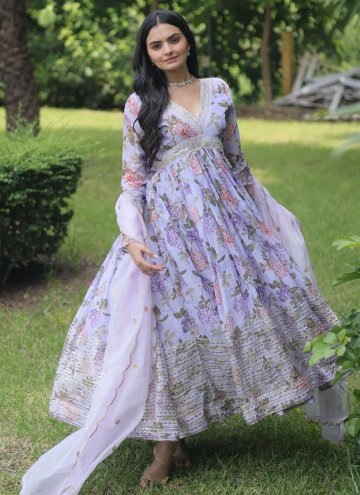 Lavender Designer Gown in Silk with Digital Print