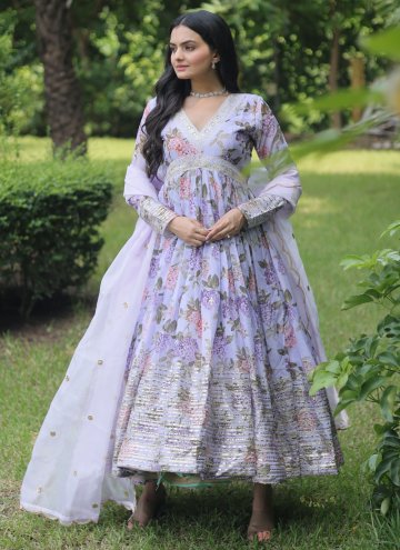 Lavender Designer Gown in Silk with Digital Print