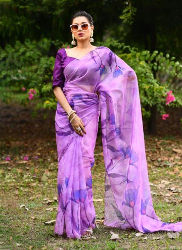 Lavender Designer Saree in Silk with Floral Print