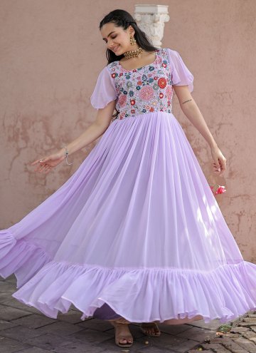 Lavender Faux Georgette Embroidered Gown for Festival