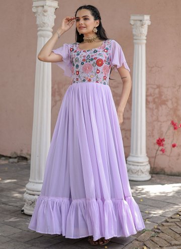 Lavender Faux Georgette Embroidered Gown for Festival