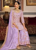 Lavender Faux Georgette Embroidered Trendy Salwar Kameez for Engagement - 1