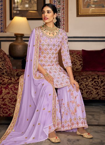Lavender Faux Georgette Embroidered Trendy Salwar Kameez for Engagement