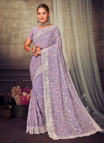 Lavender Georgette Embroidered Contemporary Saree for Festival