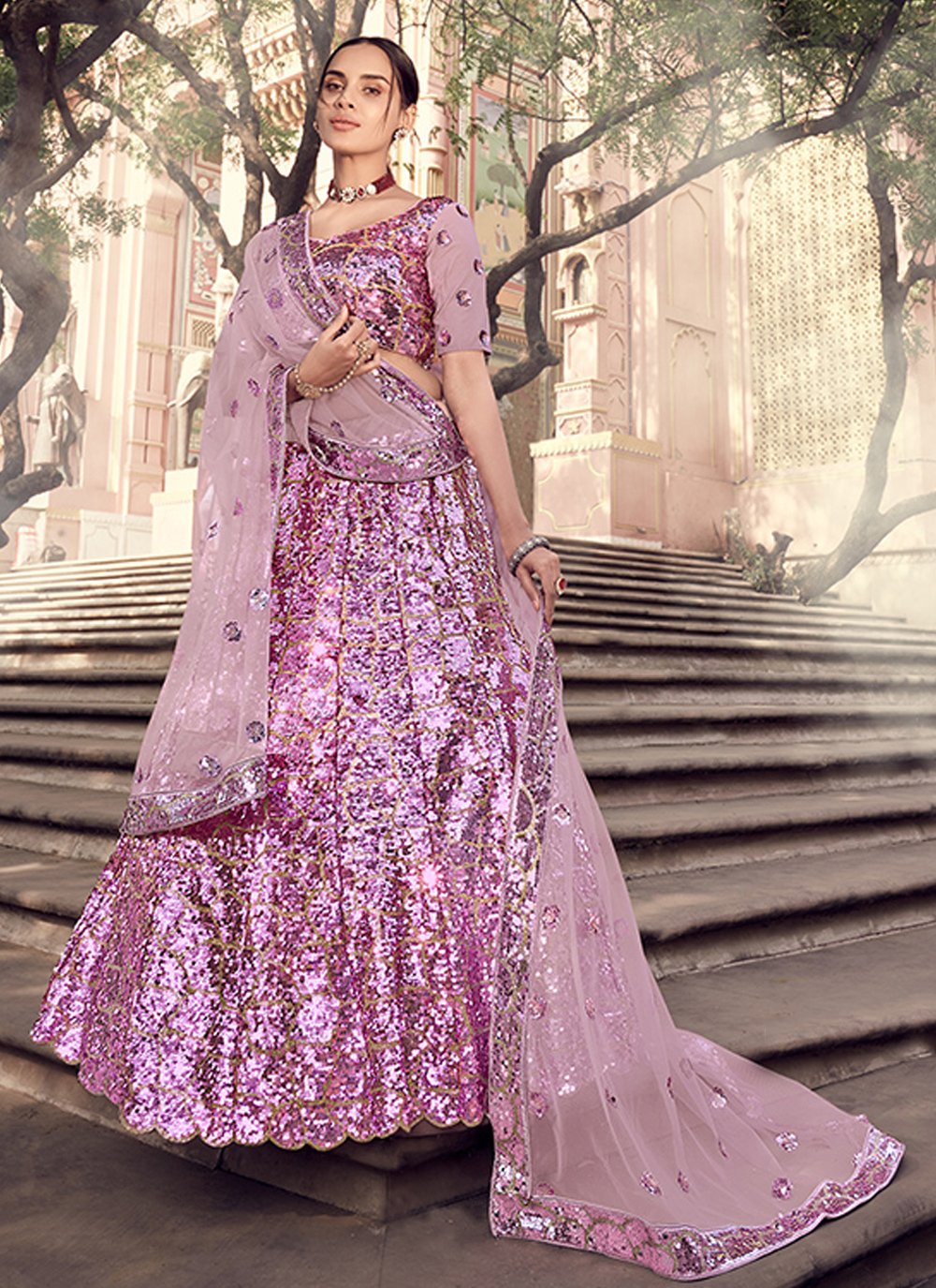 Lavender Net Sequins Work Lehenga Choli for Engagement