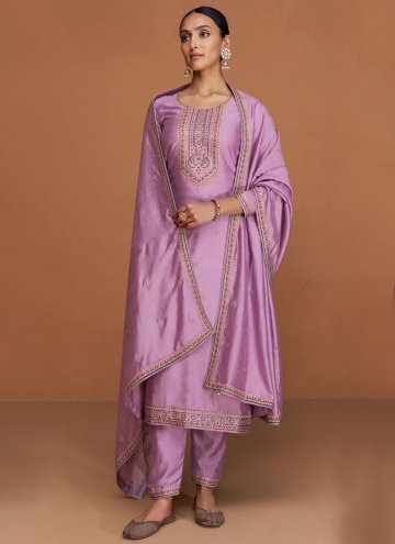Lavender Salwar Suit in Silk with Embroidered