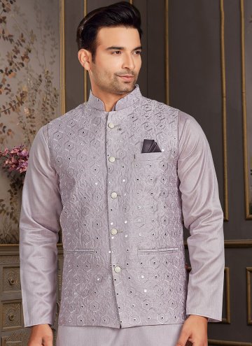 Lavender Silk Mirror Work Nehru Jackets for Ceremonial