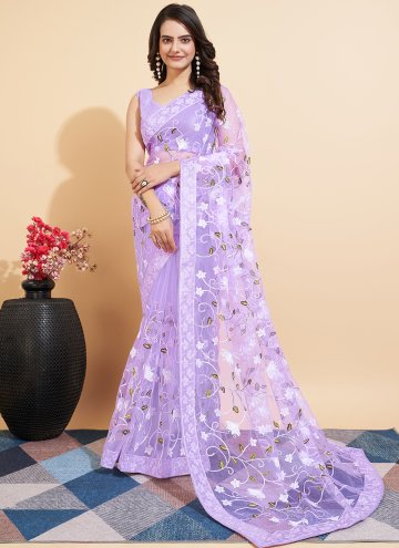 Lavender Trendy Saree in Net with Embroidered