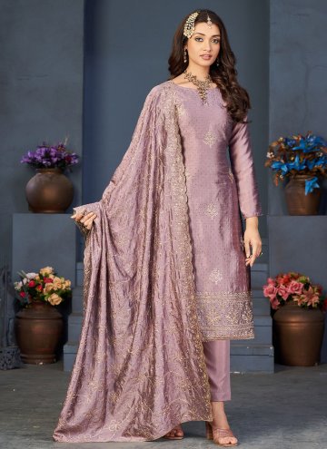 Lavender Vichitra Silk Embroidered Pant Style Suit