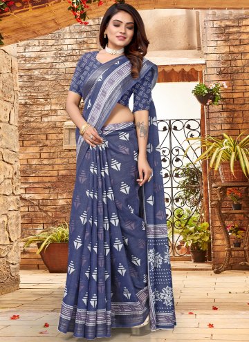 Linen Casual Saree in Blue Enhanced with Border