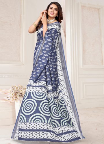 Linen Casual Saree in Blue Enhanced with Border