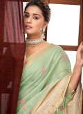 Linen Classic Designer Saree in Green Enhanced with Border - 1