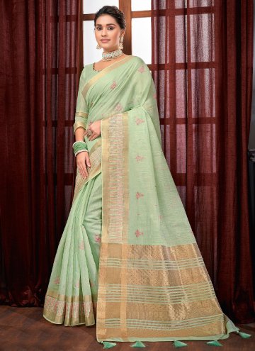Linen Classic Designer Saree in Green Enhanced with Border