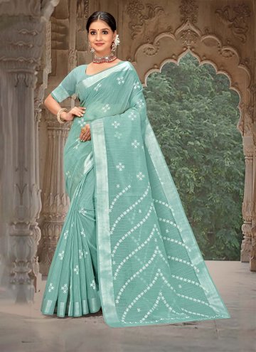 Linen Classic Designer Saree in Green Enhanced wit