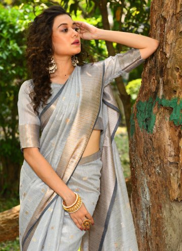 Linen Classic Designer Saree in Grey Enhanced with Woven