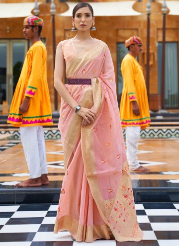 Linen Classic Designer Saree in Pink Enhanced with