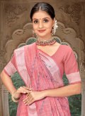 Linen Contemporary Saree in Pink Enhanced with Embroidered - 1