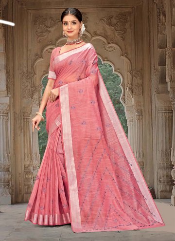 Linen Contemporary Saree in Pink Enhanced with Emb