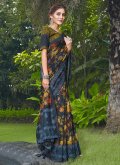 Linen Designer Saree in Navy Blue Enhanced with Embroidered - 2