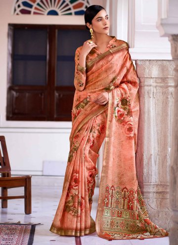 Linen Designer Saree in Orange Enhanced with Digital Print
