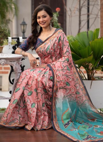 Linen Designer Saree in Pink Enhanced with Digital Print