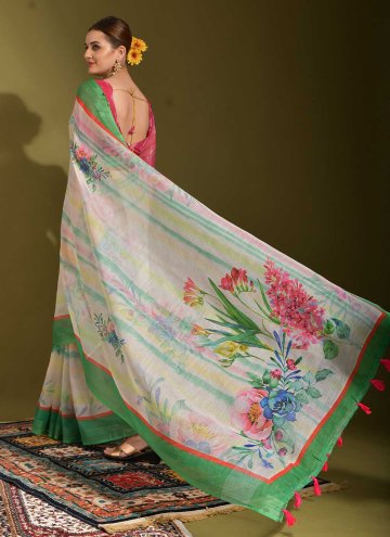Linen Designer Saree in White Enhanced with Printed