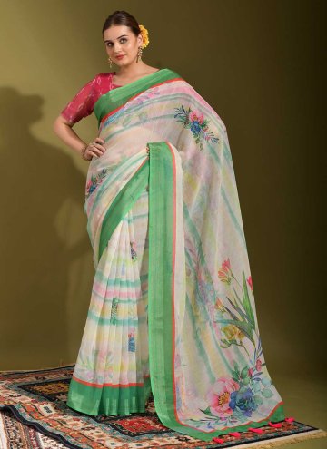 Linen Designer Saree in White Enhanced with Printed