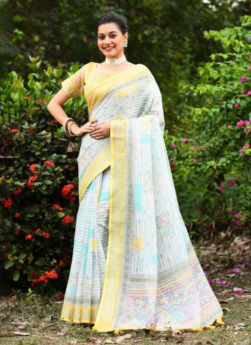 Linen Designer Saree in Yellow Enhanced with Woven