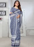 Linen Printed Sarees in Blue Enhanced with Border - 1