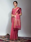 Linen Traditional Saree in Pink Enhanced with Woven - 1