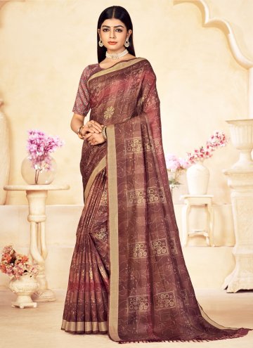 Linen Trendy Saree in Brown Enhanced with Printed