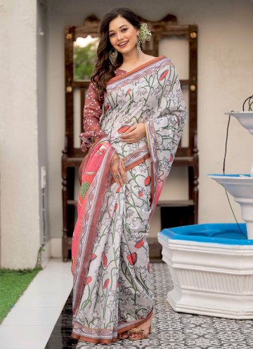 Linen Trendy Saree in Grey Enhanced with Digital Print