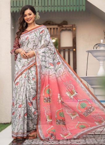 Linen Trendy Saree in Grey Enhanced with Digital P