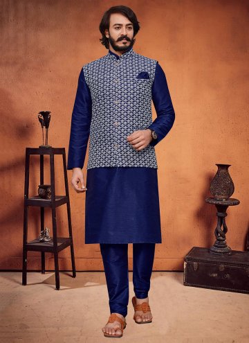 Lucknowi Work Art Silk Blue Kurta Payjama With Jacket