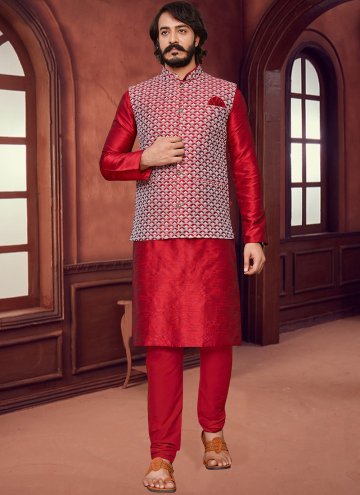 Lucknowi Work Art Silk Red Kurta Payjama With Jacket