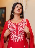 Lucknowi Work Cotton  Red Readymade Anarkali Salwar Suit - 1