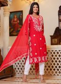 Lucknowi Work Cotton  Red Readymade Anarkali Salwar Suit - 2