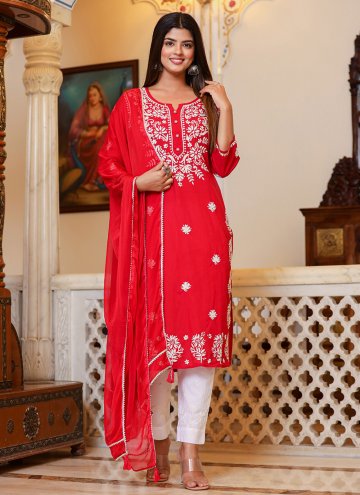 Lucknowi Work Cotton  Red Readymade Anarkali Salwa