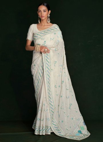 Lucknowi Work Georgette Off White Designer Saree