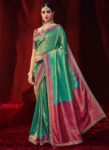 Magenta and Sea Green Traditional Saree in Art Silk with Dimond