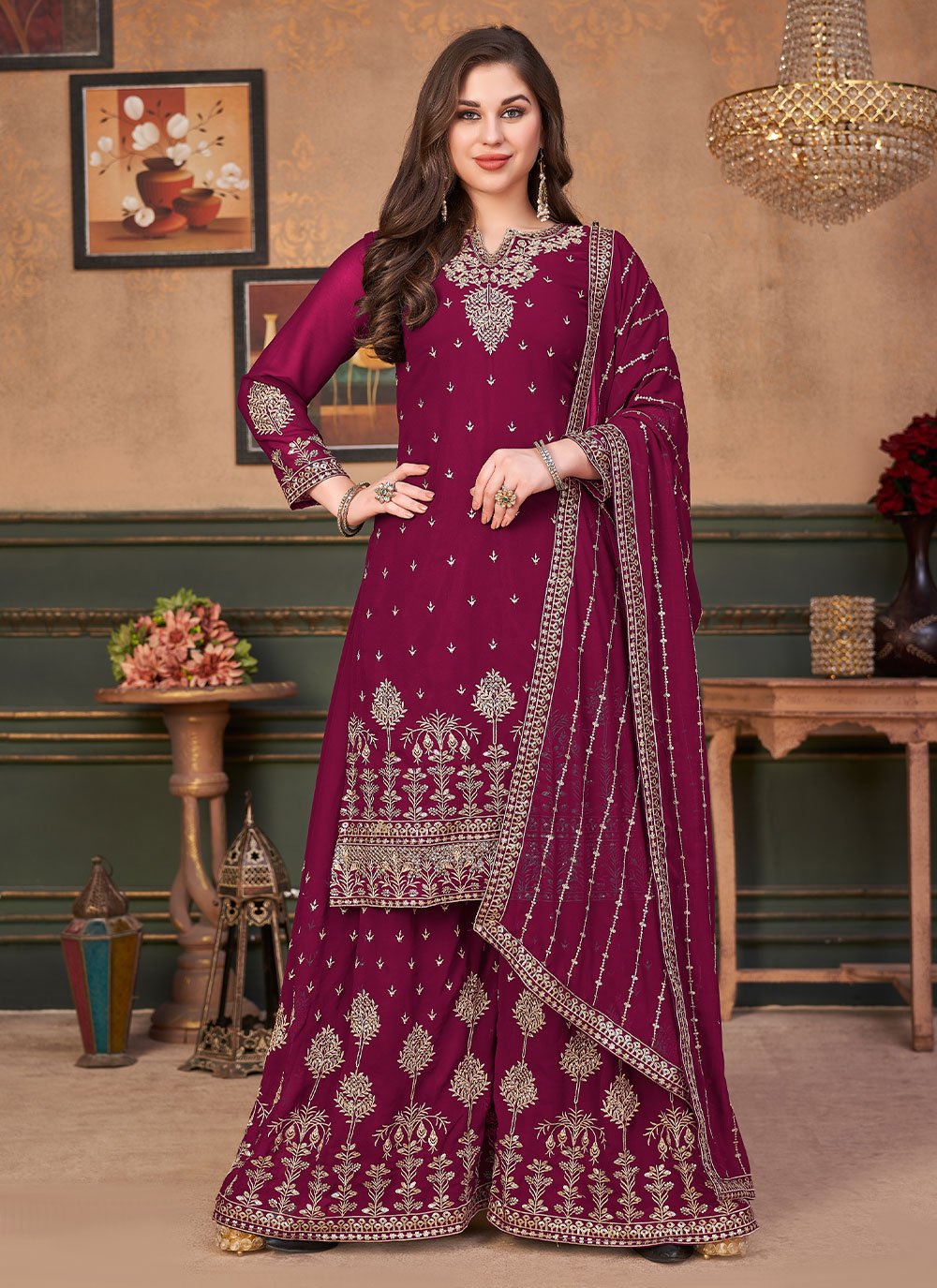 Magenta color Embroidered Faux Georgette Designer Pakistani Salwar Suit