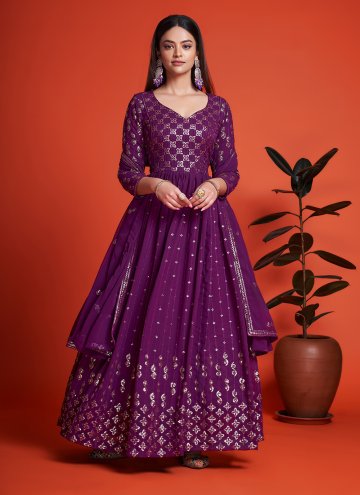 Magenta Designer Gown in Georgette with Embroidered