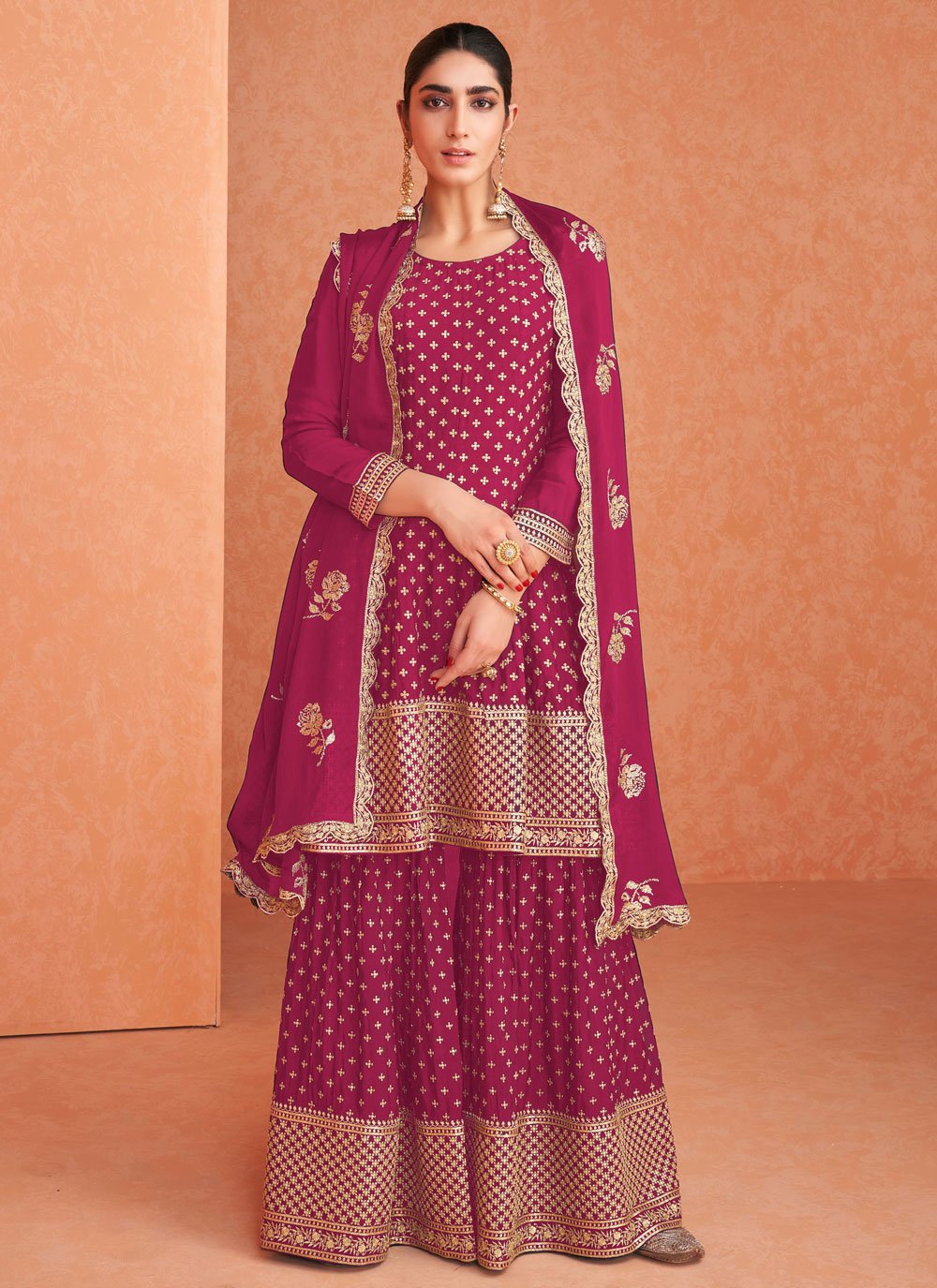 Magenta Faux Georgette Embroidered Designer Palazzo Salwar Suit